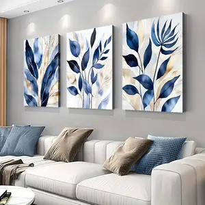 3pcs Set Modern Plant Abstract Painting Cloth Art Waterproof Wooden Frame Wall Decoration Multicolored Designs Artistic Print Ornaments Photo Gift Hanging