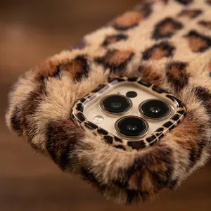 Fashion Leopard Furry Plush Lens Bracket Phone Case For iPhone 17Air 15 14 13 12 11 16 Pro Max With Wrist Chain Shockproof Cover
