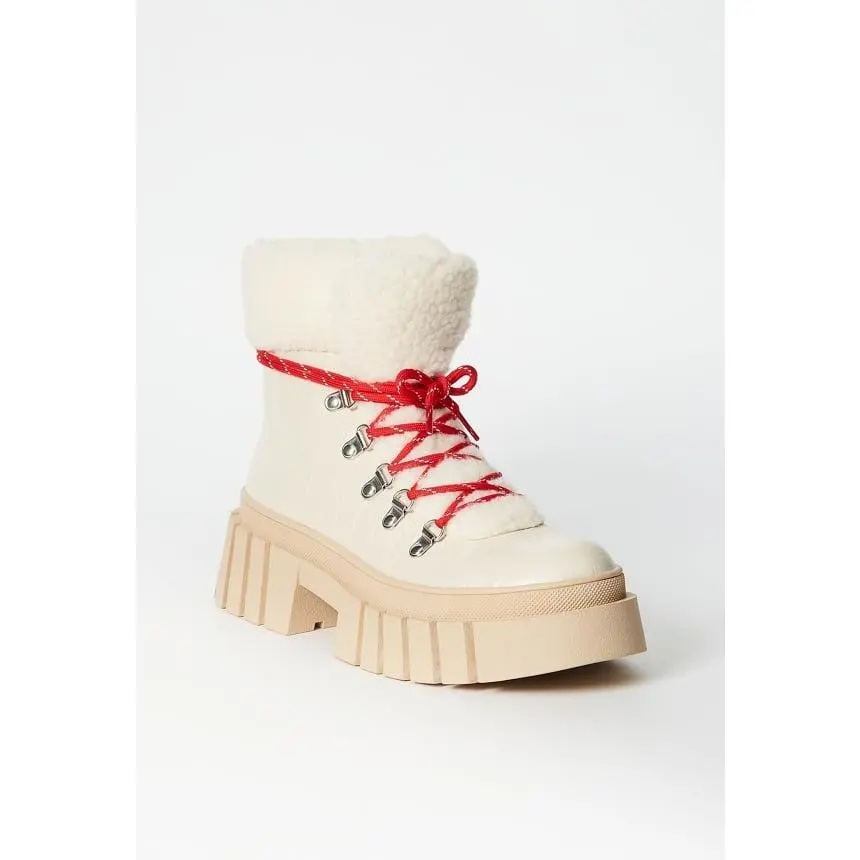 Women's Hiker Ankle Boots, Sporty Chic Faux Leather Winter Footwear with Sherpa Collar, Alternative Style Chunky Block Heel & 1.25" Rubber Lug Platform, Walking Shoes, Water Resistant, Laces, Casual, 1.25 Inches Thick Lug Platform