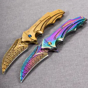 Vibrant Rainbow/Gold Damascus Folding Knife, Perfect for Hiking Camping & EDC