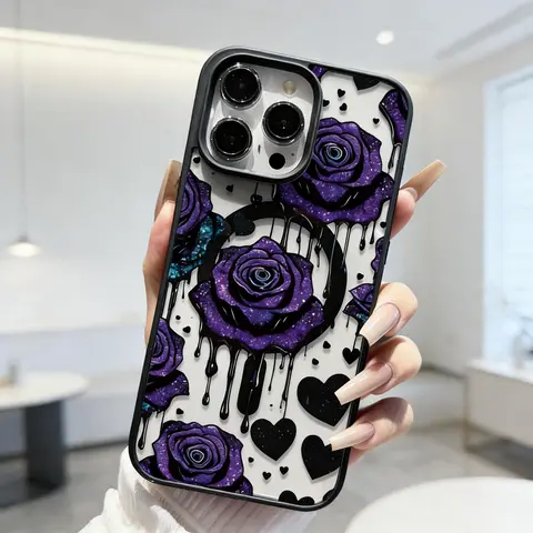 Premium Rose-Pattern Art Magnetic Smartphone Case - Shockproof Acrylic Cover for iPhone 11,12,13,14 Pro Max,15,16 Plus,17 Plus - Handheld Tech Protection Accessory, Accessories