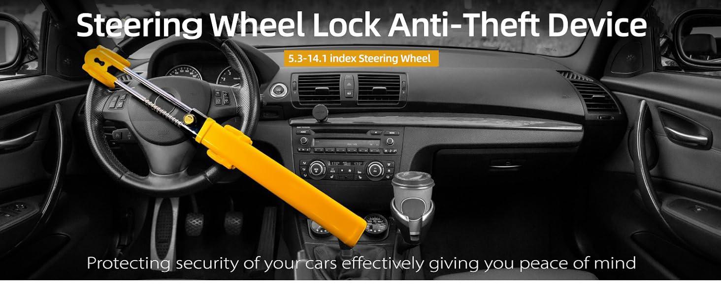 Steering Wheel Lock for Universal Adjustable Length Anti-Theft Device Locks Double Hook Locks for SUV Pickup Truck Van(Yellow)