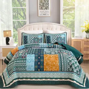 Green Set King Size, 3 Pieces Boho Patchwork Reversible Lightweight Microfiber Farmhouse Floral Pattern Bedspreads Bedding Set for All (104"x 90")