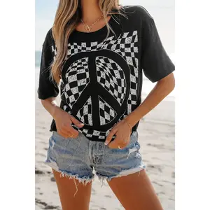 Checkered Peace Sign Round Neck T-Shirt