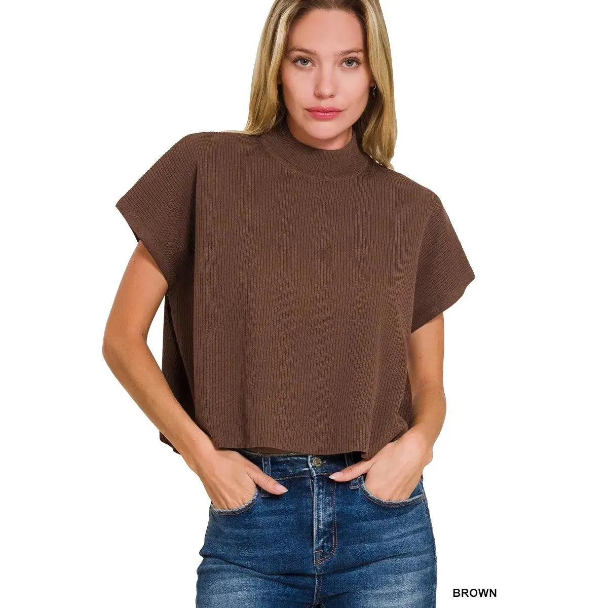 Zenana Viscose Mock Neck Short Sleeve Boxy Sweater