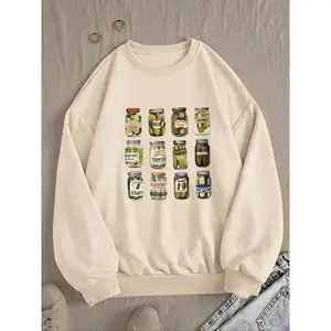 Women's Pickle Jar Print Drop Shoulder Sweatshirt, Casual Long Sleeve Round Neck Pullover for Fall & Winter, Women's Clothes for Daily Wear