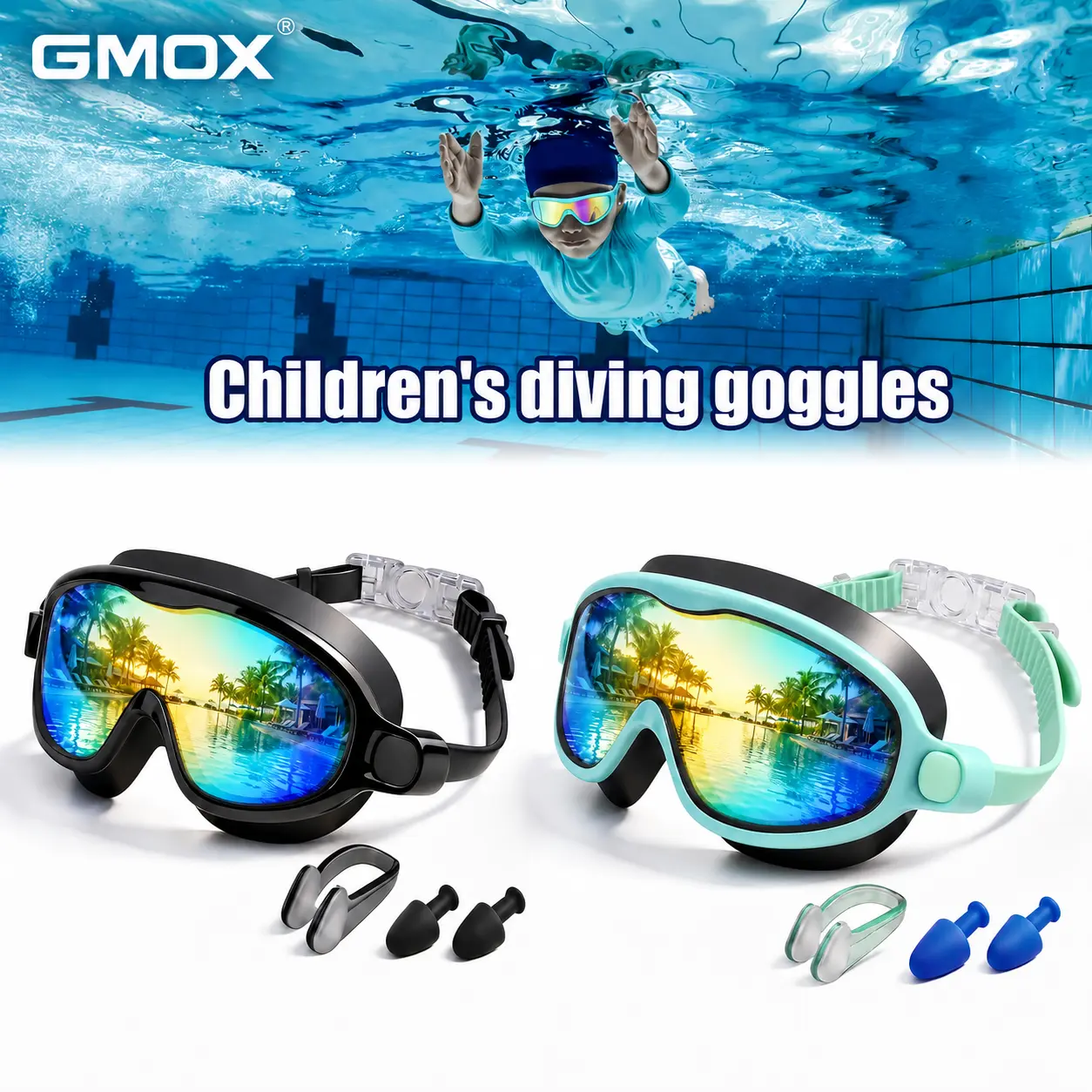 Kids' Anti-Fog Leakproof Wide-View outdoor Swimming Goggles with Earplugs & Nose Clip, Summer Essential Water Gear for Boys & Girls Ages 3-15 (Pool, Beach Use)