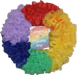 Love for All Wreath - Rainbow Mesh Design with "Everyone is Welcome Here" Sign - Perfect for Festive Decor