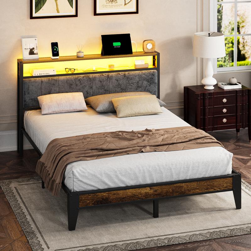 DAYAGO Twin/Full/Queen/King Bed Frame Metal Platform Bed with Headboard, 2-Tier Storage and LED Light, Charging Station Type C & USB Ports, No Box Spring Needed gamer  bed