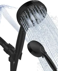 Professional High-Pressure Shower Head with Handheld 7 Modes and Built-In Power Wash for Tub, Tile, and Pet Cleaning, 5-Inch High Flow Hydro Rain Showerhead with Stainless Steel Hose and Adjustable Bracket in Matte Black Finish BOWGER