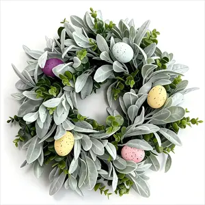Easter Theme Faux Flower Wreath, Rabbit Ear Eucalyptus Plant + Colorful Egg Decoration, Eco-Friendly Plastic, No Power Needed, Festive Decorations