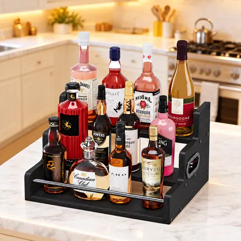 Wooden Liquor Bottle Display Shelf, Coffee Syrup Rack Organizer, 3 Step Countertop Wine Rack with LED Light, Mini Bar Home Bar Shelf Stand for Whiskey, Spirits, Bar Decor