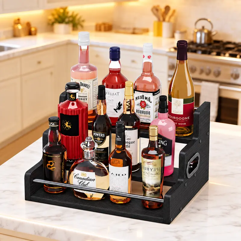 Wooden Liquor Bottle Display Shelf, Coffee Syrup Rack Organizer, 3 Step Countertop Wine Rack with LED Light, Mini Bar Home Bar Shelf Stand for Whiskey, Spirits, Bar Decor