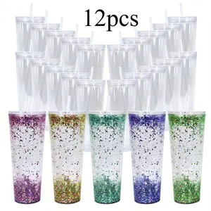 12Pcs 24oz Double Wall Snow Globe Clear Plastic Cup, Reusable Plastic Snow Globe Acrylic Tumbler Cup With Pre-drilled Hole And Plug, Good Quality 24oz Snow Globe Plastic Cup For Drinking Water And Juice