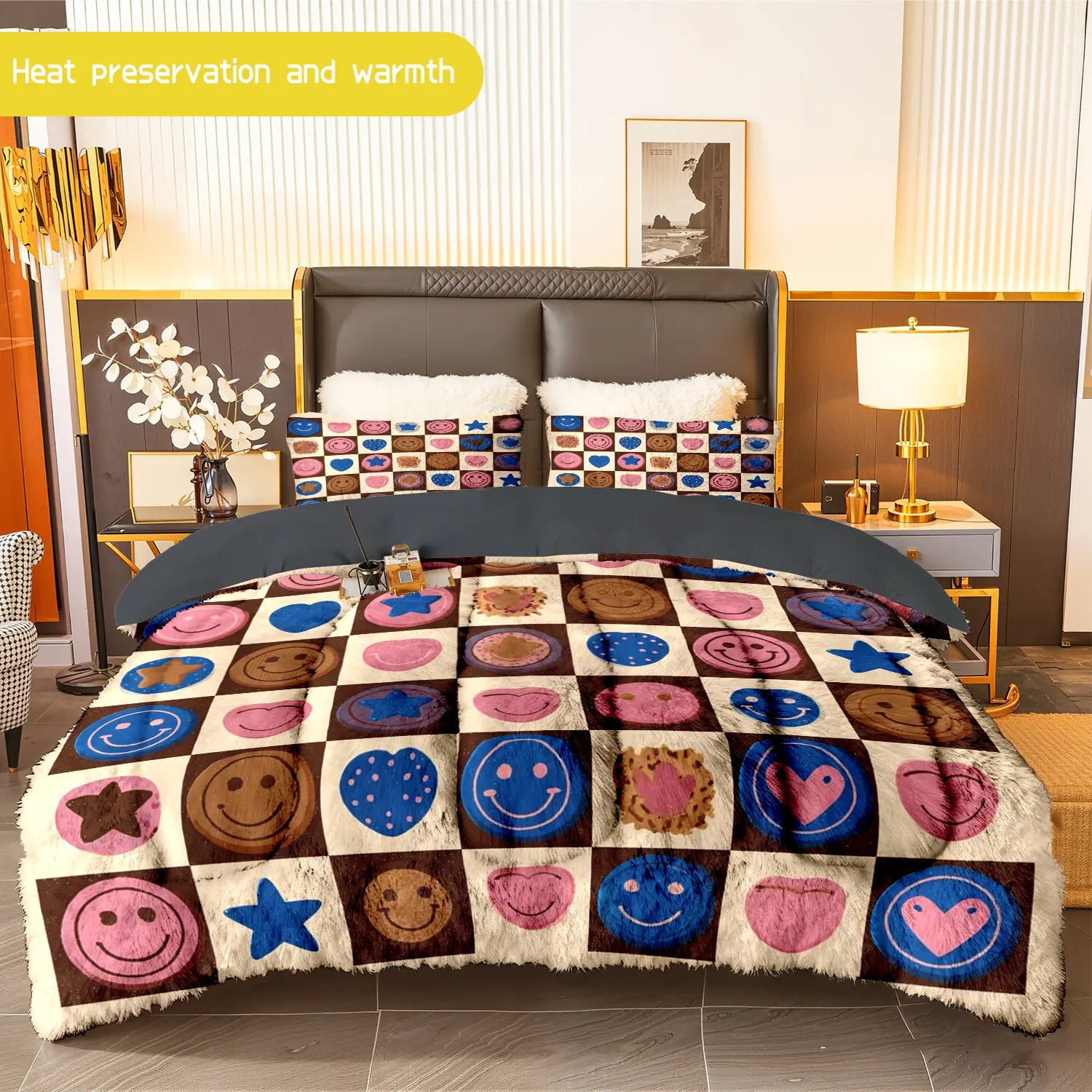 3pcs (1 comforter + 2 pillowcases) Smiley Face Pattern Flannel & Milk Velvet Comforter Set, Ultra - Soft and Cozy Bedding Set for Adults, Warm and Trendy Bedding Essentials