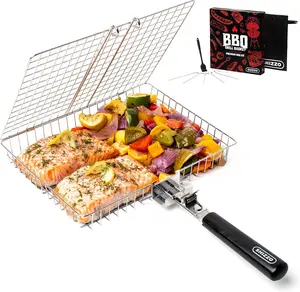 Grill Basket Set, Barbecue BBQ Grilling, Stainless Steel Folding Portable Outdoor Camping Rack for Fish, Shrimp, Vegetables, Cooking Accessories, Gifts for Dad, husband, Friends