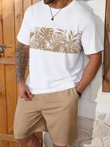 [Plus Size] Men's Tropical Plants Print Tee & Shorts Set, Fitted Casual Round Neck Short Sleeve T-shirt & Shorts, Men's Summer Clothes