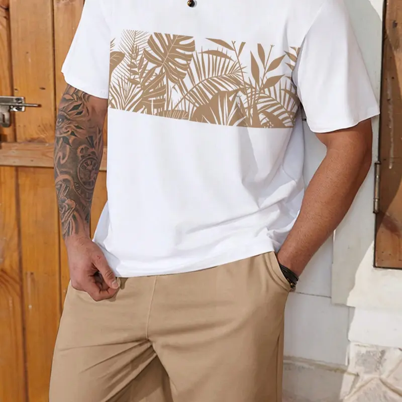 【Plus Size】 Men's Tropical Plants Print Tee & Shorts Set, Regular Fit Casual Round Neck Short Sleeve T-shirt & Shorts, Men's Summer Clothes, Summer Outfits Set
