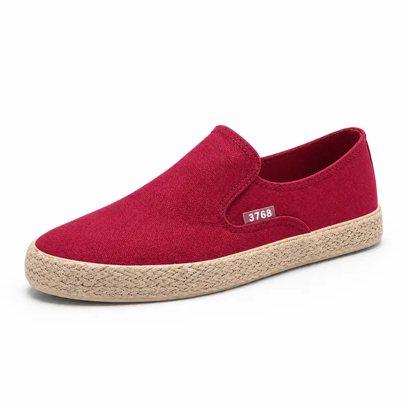 Men's Red Canvas Slip-On Loafers - Durable White Rubber Sole, Breathable Low-Top Casual Trainers, Lightweight Flat Comfort Footwear with Cloth Accents for Daily Commute, Construction Work, Daily Shopping, Black