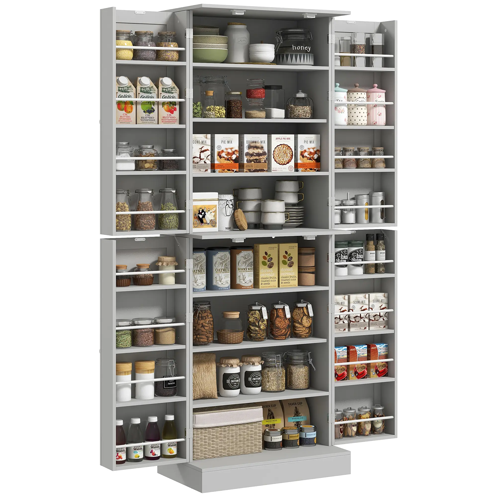HOMCOM 65" Kitchen Pantry Storage Cabinet, Freestanding Kitchen Cabinet with 16 Door Shelves, Double Doors, 8-tier Shelving and Adjustable Shelves, Gray