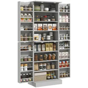 HOMCOM 65" Kitchen Pantry Storage Cabinet, Freestanding Kitchen Cabinet with 16 Door Shelves, Double Doors, 8-tier Shelving and Adjustable Shelves, Gray