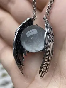 Vintage Silver Color Ghost Angel Glass Bead Feather Pendant Necklace, Guardian Angel Wings Unisex Clavicle Chain, Unique Jewelry Gift, Modern Fashion Accessories