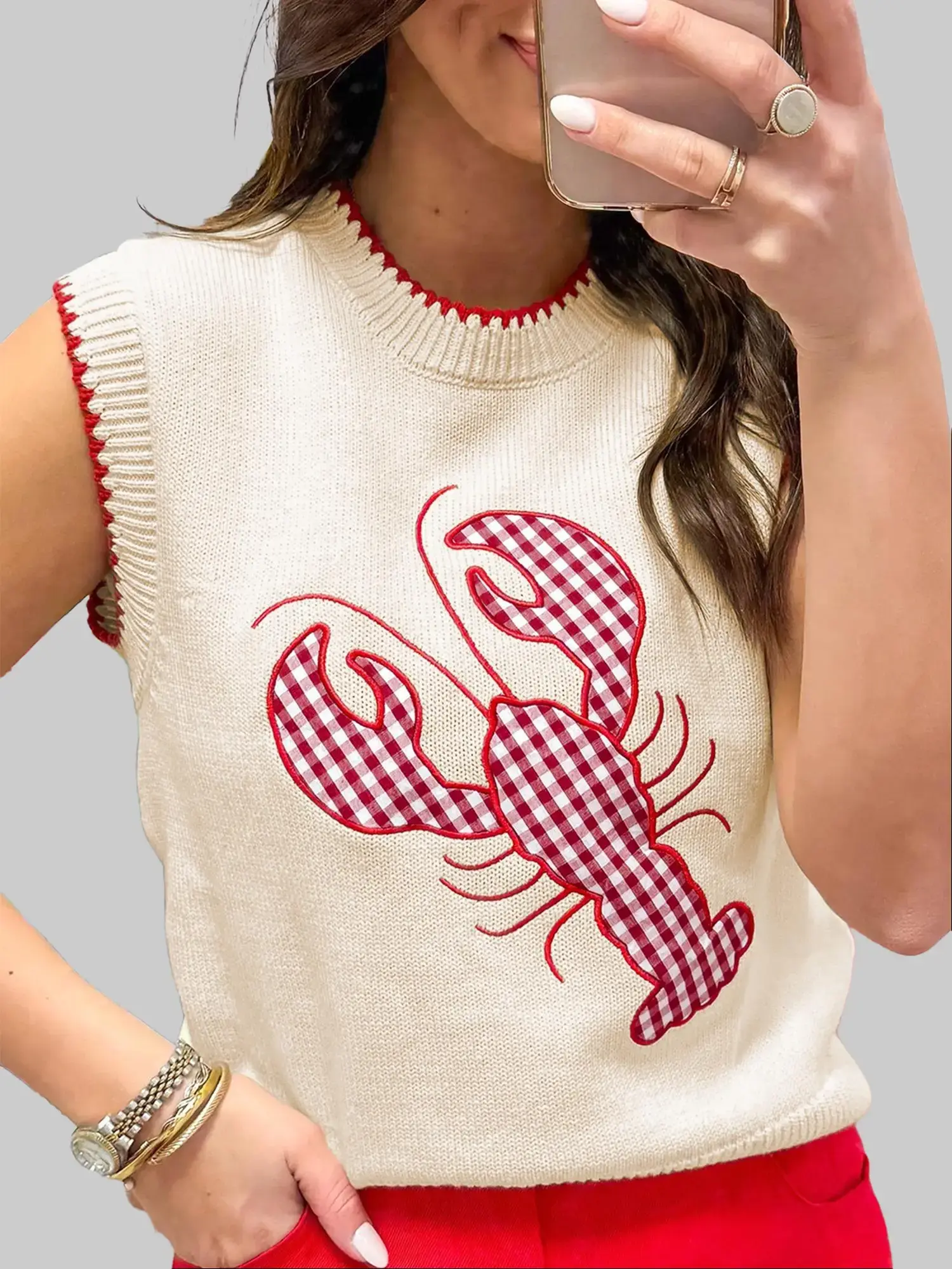 Beige Crawfish Embroidery Crew Neck Sleeveless Knit Sweater Vest for Women