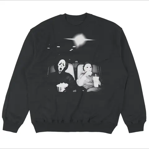 Women's Michael Myers Fitted Cotton Long-Sleeve Pullover Hoodie - Halloween Ghost Pattern Vintage Graphic Top, Spooky Movie Sweatshirt, Funny Haunting Design, Casual Crewneck, Printed, Machine Washable, Halloween Ghost Pattern Women's Pullover Sweatshirts