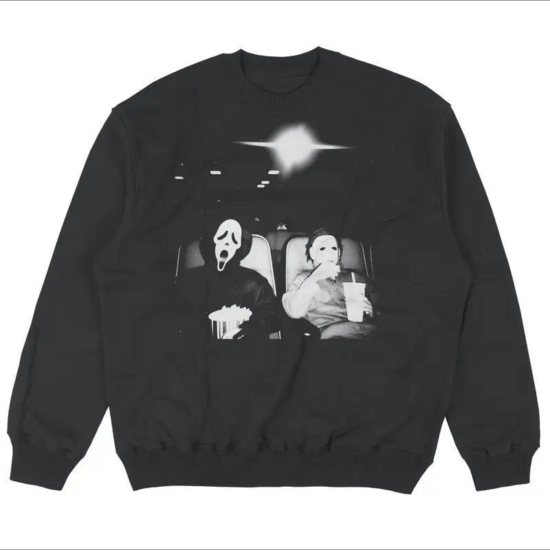 Women's Michael Myers Fitted Cotton Long-Sleeve Pullover Hoodie - Halloween Ghost Pattern Vintage Graphic Top, Spooky Movie Sweatshirt, Funny Haunting Design, Casual Crewneck, Printed, Machine Washable, Halloween Ghost Pattern Women's Pullover Sweatshirts