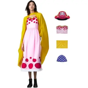 Charlotte Linlin Big Mom Cosplay Costume Set Pink Polka Dot Dress Cape Hat Scarf for Comic Con