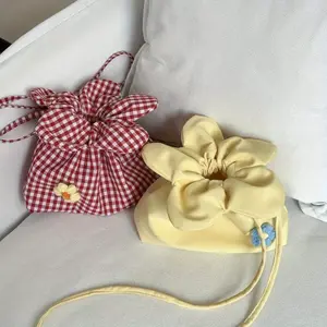 1pc Korean Style Plaid Drawstring Shoulder Bag - Red & White Gingham or Floral Print, Adjustable Crossbody Cloth Bag with Decorative Bows, 7.87x5.91x2.36in, Cute Storage Pouch for Vacation, Travel, Everyday Use, Travel Accessory, Casual Accessory,