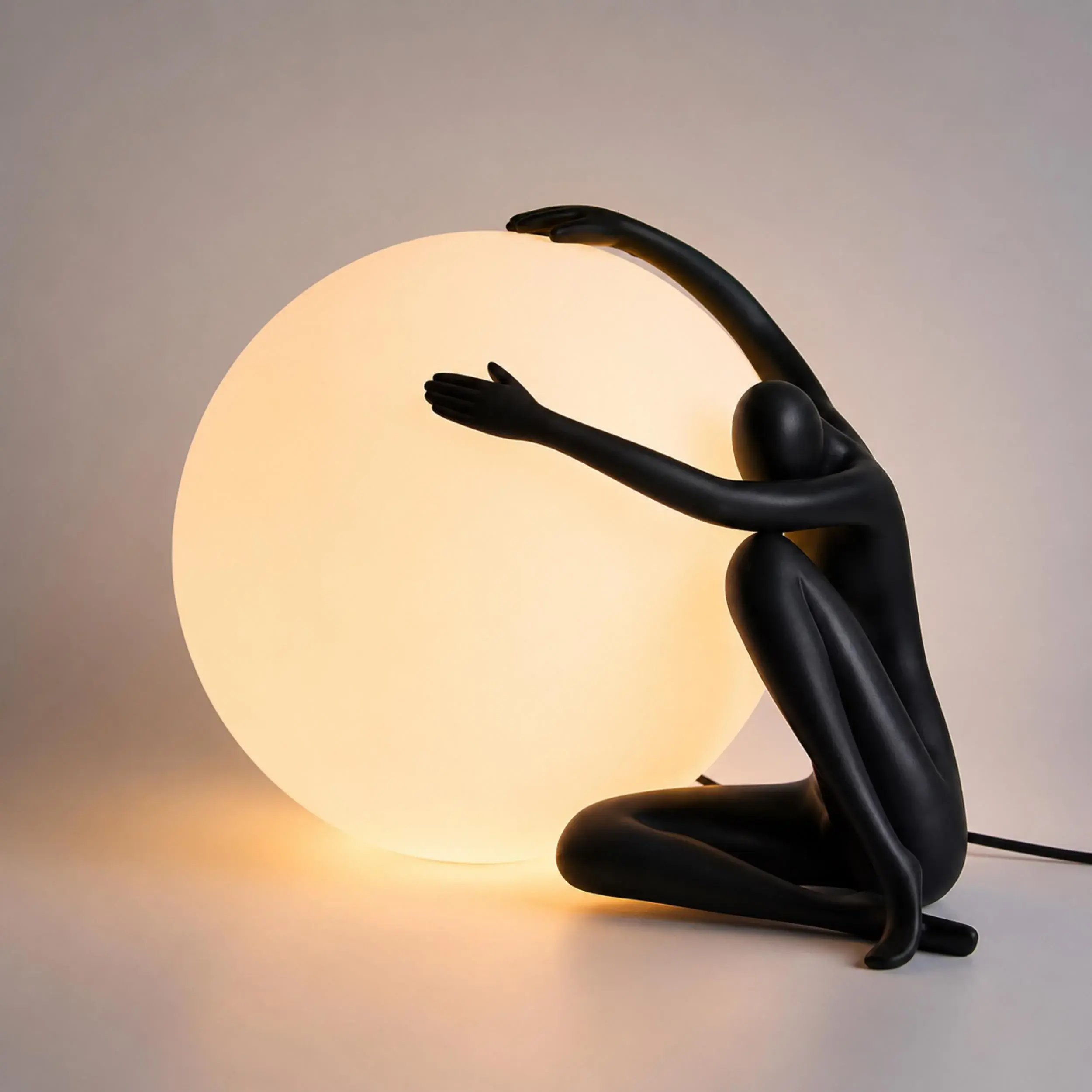 Modern Sculptural Figure Table Lamp, Artistic Black Human Sculpture with Glowing Orb, Statement Accent Light for Bedroom Living Room Study