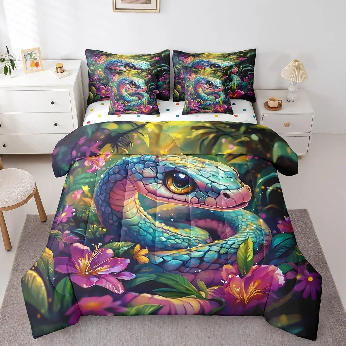 7-Piece Cartoon Snake Bedroom Bedding Set - Tropical Jungle Flower Soft, Breathable Duvet Set Including Comforter, Fitted Sheet, Flat Sheet, 2 Pillowcases, 2 Throw Pillow Covers, Soft Bedding Sets