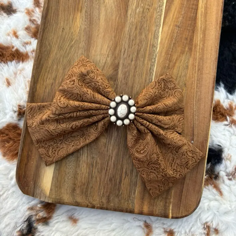 Coquette Western Short Bows - Intricate Paisley Design, Pearl Accents, Fashion Hair Accessories, Cute Hair Clips for Fashion Outfits, Outdoor Activities