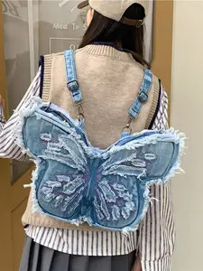 Women's Plain Denim Backpack, Fashionable Butterfly Shape Y2K Style, Adjustable Straps, Zip Closure, Versatile for Office, School, Work, Travel, Multifunctional Backpack