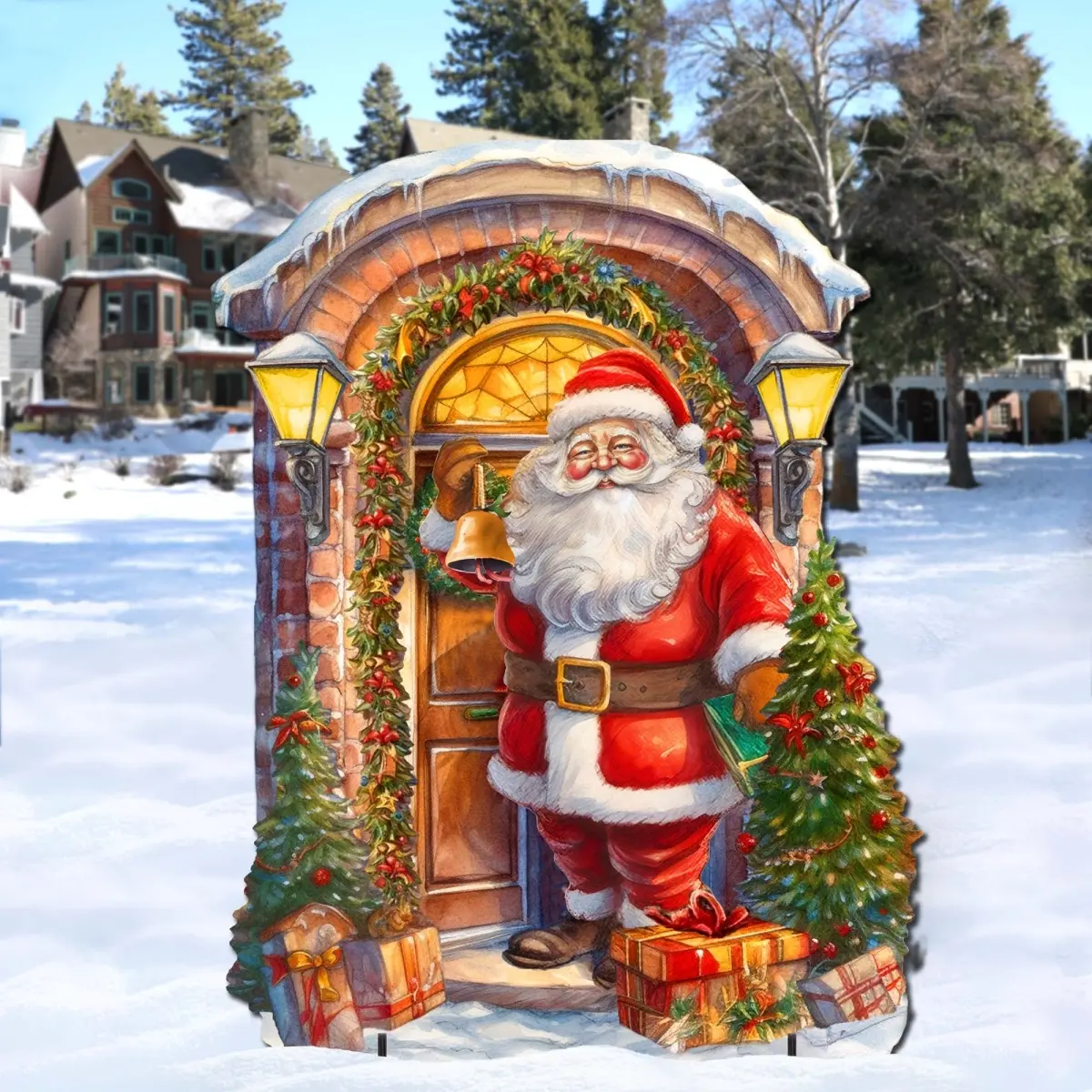 Designocracy 8611044F 32 x 25 in. Knocking the Door Santa Outdoor Christmas Santa Snowman Decor