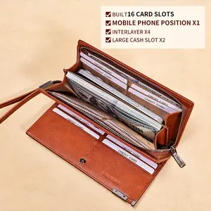 Men's Top Layer Cowhide Long Wallet, Gradient Yellow Brown Minimalist Luxury Soft Leather Purse, Lightweight Large Capacity Anti-Theft Card Holder, Perfect for Daily Casual Travel Business Use