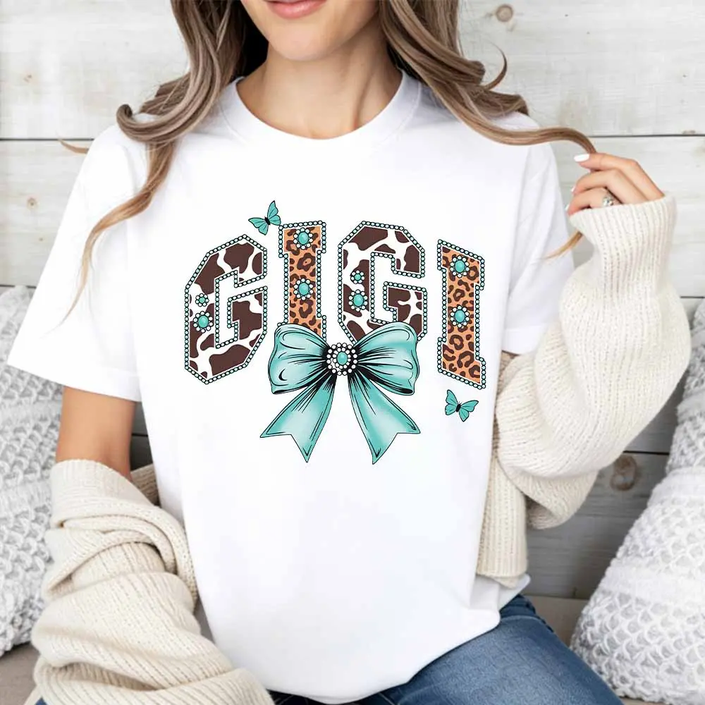 Women Casual T Shirt Gigi Leopard Print With Turquoise Bow And Butterflies Design For Leisure And Sports Activities