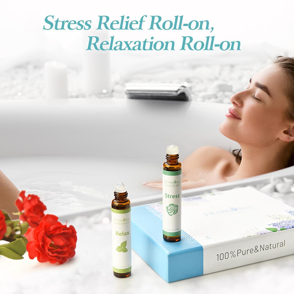 HERBROMAS Roll On Essential Oils Set – Stress Relief & Sleep Support, Lavender Peppermint Eucalyptus Grapefruit Aromatherapy Oil Roller, Portable Pre-Diluted Perfume Oil for Relaxation Focus Travel, 4 Pack HERBROMAS Roll On Essential Oils Set – Stress Relief & Sleep Support, Lavender Peppermint Eucalyptus Grapefruit Aromatherapy Oil Roller, Portable Pre-Diluted Perfume Oil for Relaxation Focus Travel, 4 Pack