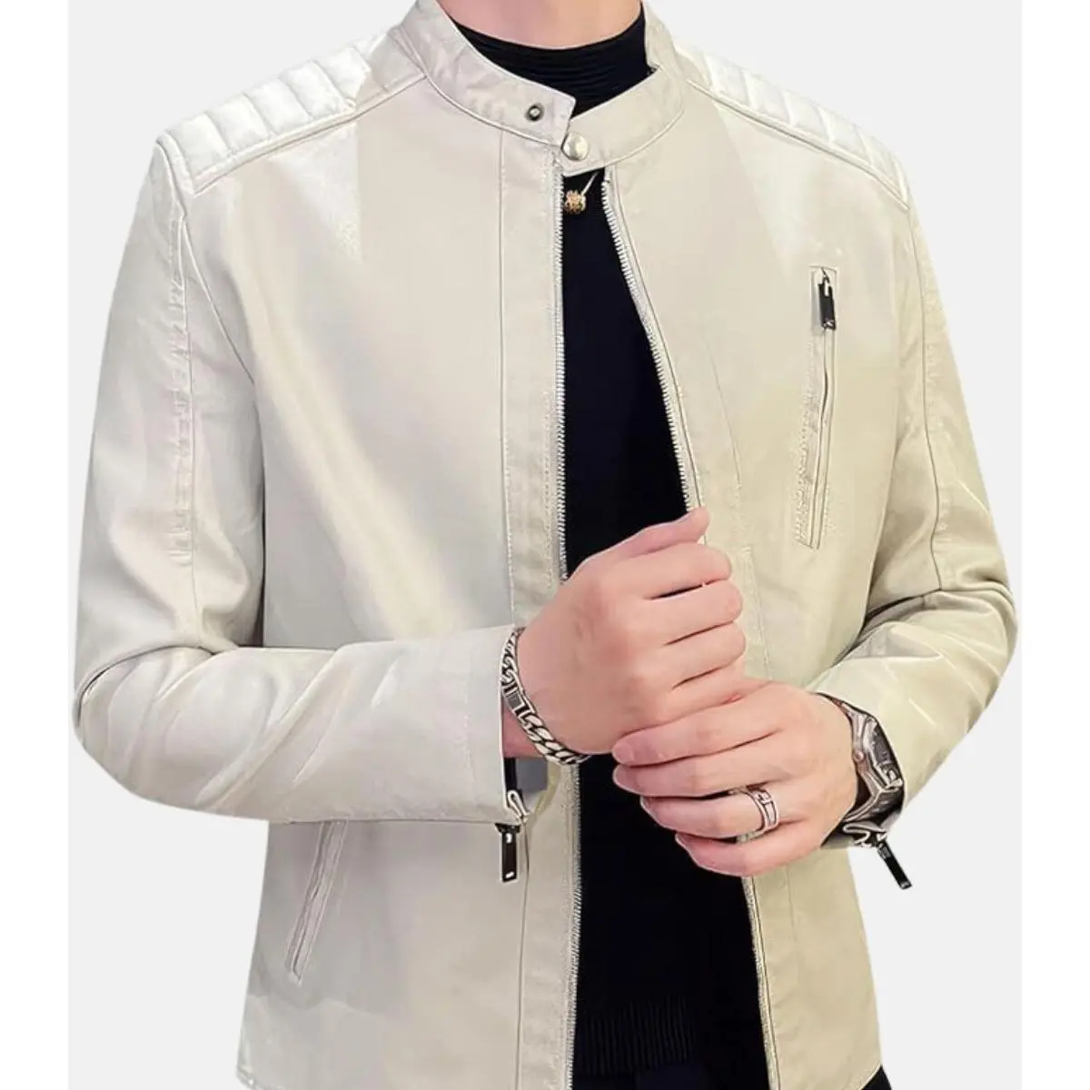 Men's Trendy Slim Fit White Leather Jacket with Stylish Zipper Closure