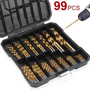 High-Speed Steel Titanium-Plated Drill Bit Tool Set, 99pcs/set Straight Shank Twist Drill Bit Kit, Woodworking Drill Bit Set