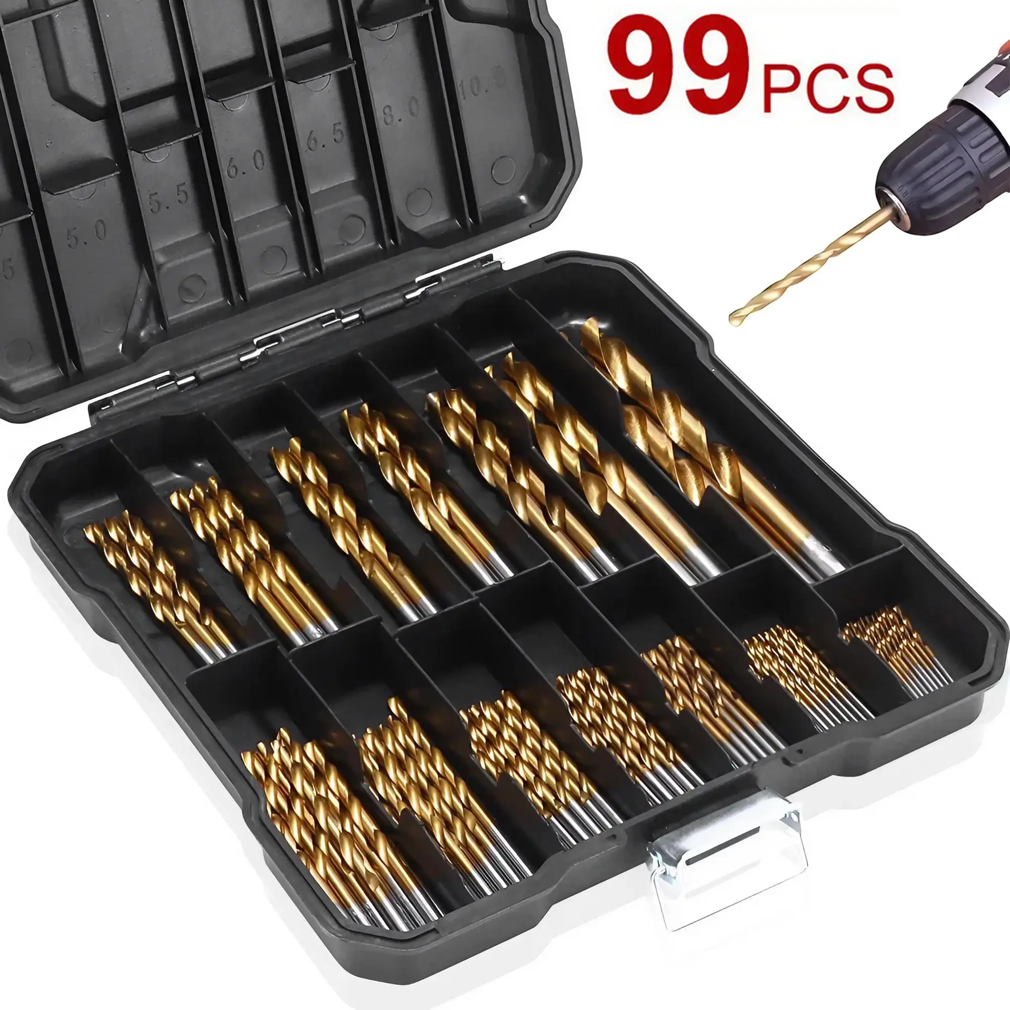 High Speed Steel Titanium Plated Drill Bit Tool Set, 99pcs/set Straight Handle Fried Dough Twist Drill Bit Kit, Woodworking Drill Bit Set