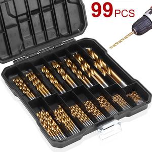 high speed steel titanium plated drill bit tool set, 99pcs/set straight handle fried dough twist drill bit kit, woodworking drill bit set, hardware