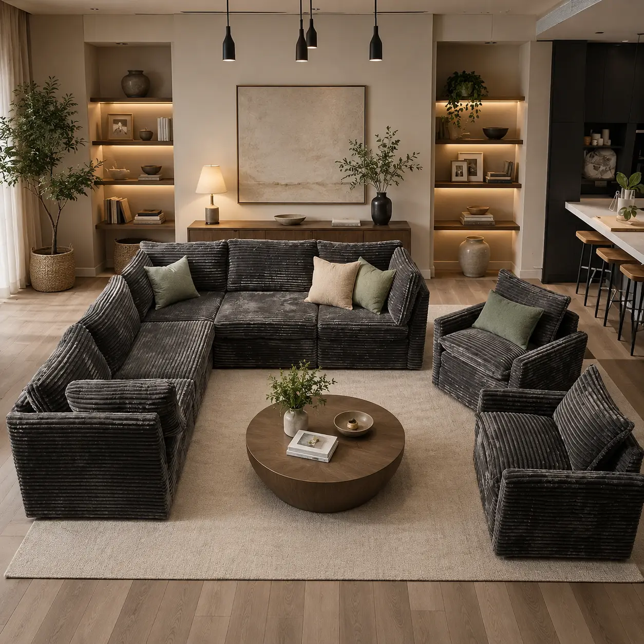 CAODOC Modular Sectional Sofa Set, Plush Corduroy Deep Seat Cloud Couch with Corner, Middle, Ottoman and Swivel Rocking Chair Modules, Customizable L/U Shaped Sofa for Living Room