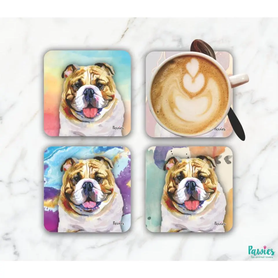 Bulldog Tan & White Set of Coasters