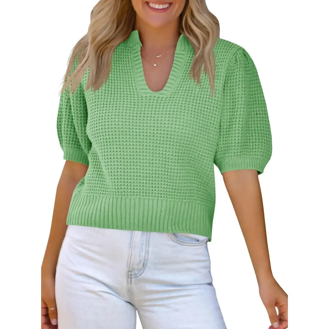 Saodimallsu Sweater Top for Women, Casual Fitted Waffle Knit Pullover with a V-Neck and Puff Short Sleeves, Knitwear, Half Sleeve