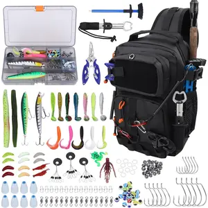Fishing Backpack with Tackle Boxes,Waterproof Fishing Shoulder Bag for Fishing Gear,Fish Bag with 136 Pcs Fishing Lures Kit,Fish Hook Remover Tool,Fish Lip Gripper,Fishing Plier,Gifts for Men (Black)
