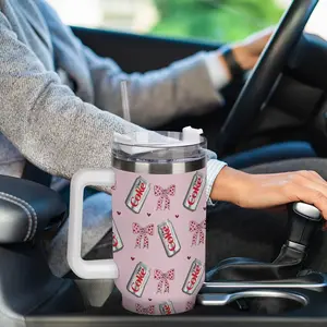 40oz Tumbler with Handle and Straw, Bow Heart Printing Travel Tumbler,  Keeps Cold 24 Hours, Car Cup Holder Friendly, Large Capacity Drinking Cup Mother's Day gift for Mom