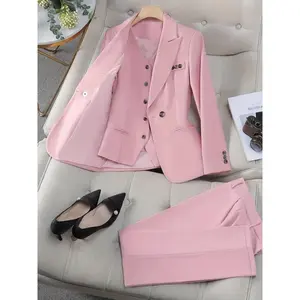 Elegant Women's 3-Piece Business Suit Set Solid Color Pink Blazer with Double-Breasted Buttons Polyester Womenswear Fabric