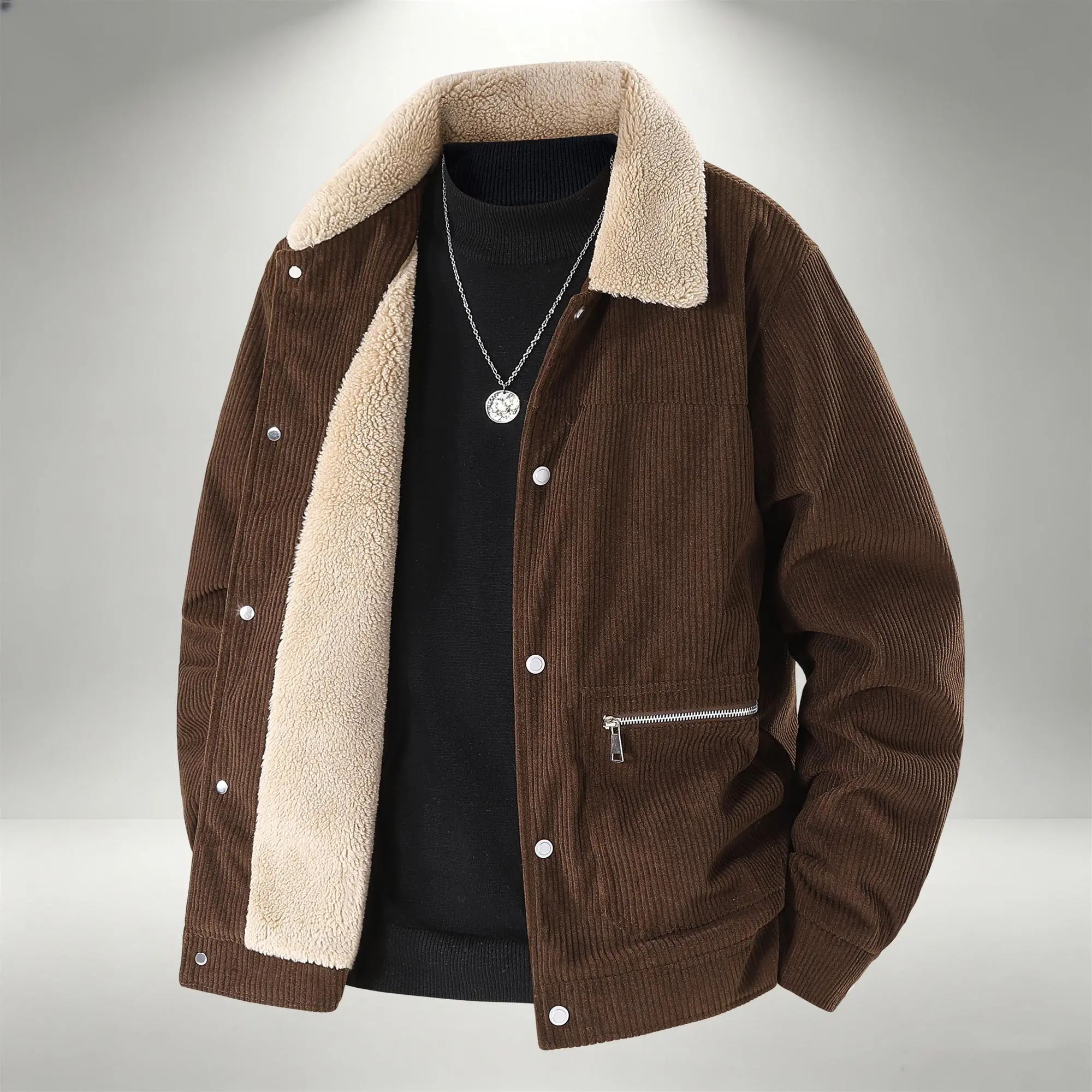 Men’s vintage corduroy workwear jacket for autumn/winter, featuring a turn-down collar, button closure, multiple zippered pockets, and a thick, warm design.